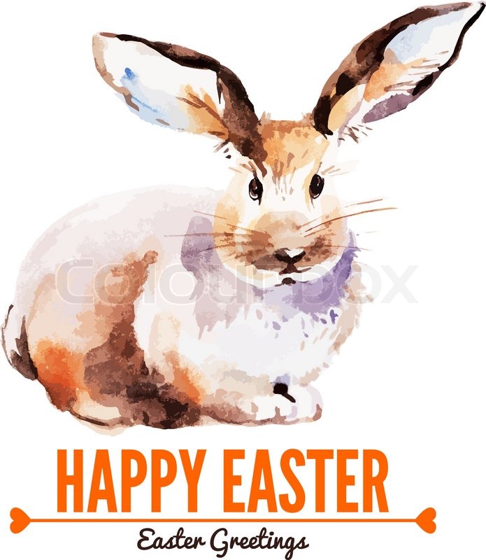 695x800 Card With Sketch Easter Rabbit. Hand Drawn Watercolor Illustration