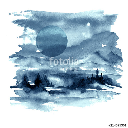 500x500 Watercolor Countryside Landscape. The Shore Of The River, Against