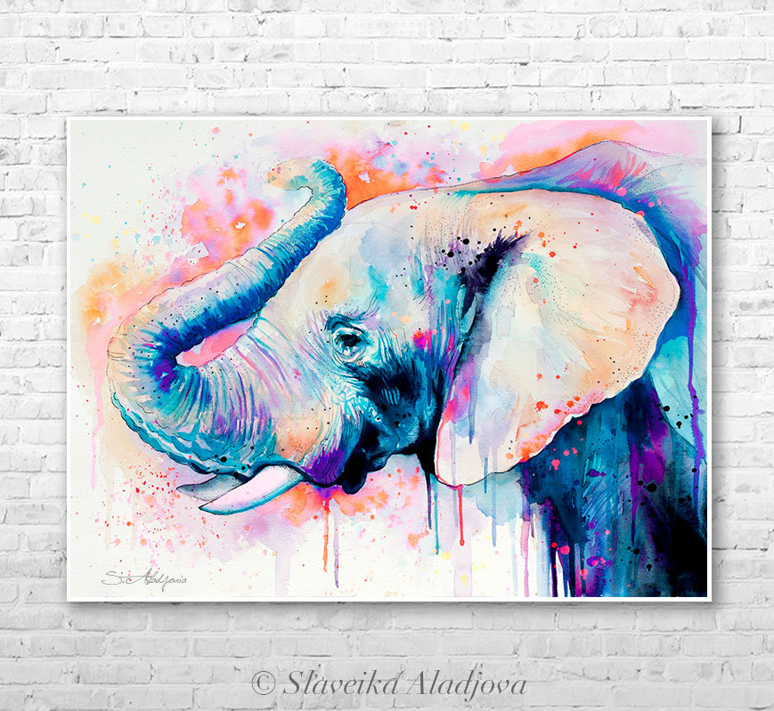 869x799 Blue Elephant Watercolor Painting Print