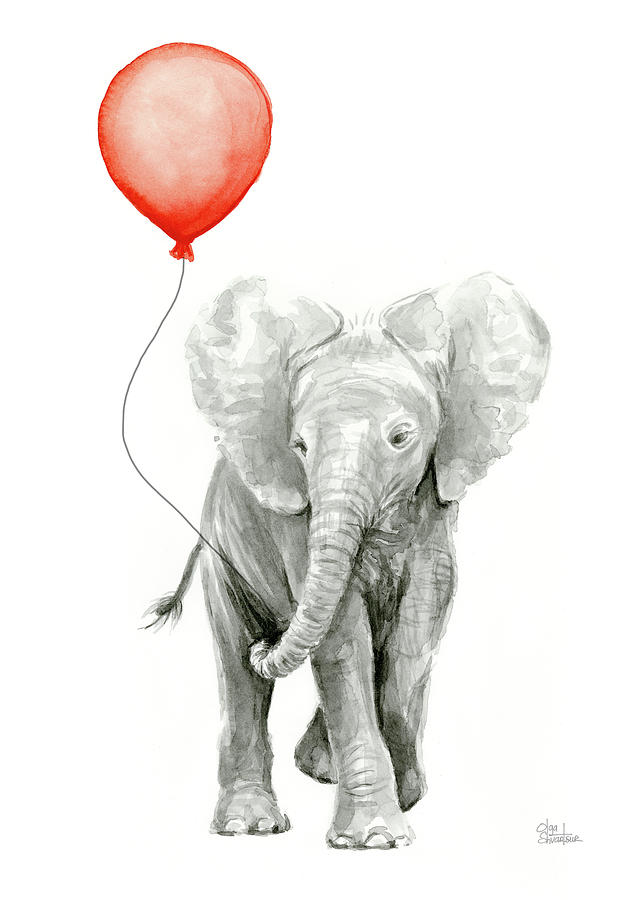 642x900 Baby Elephant Watercolor Red Balloon Painting By Olga Shvartsur