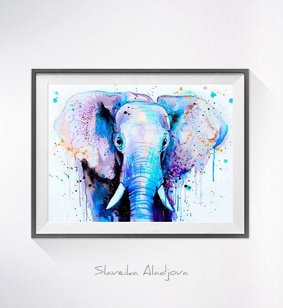 556x604 Blue Elephant Head Watercolor Painting Print