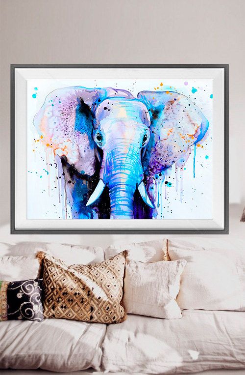 500x763 Blue Elephant Head Watercolor Painting Print ,elephant Art, Animal