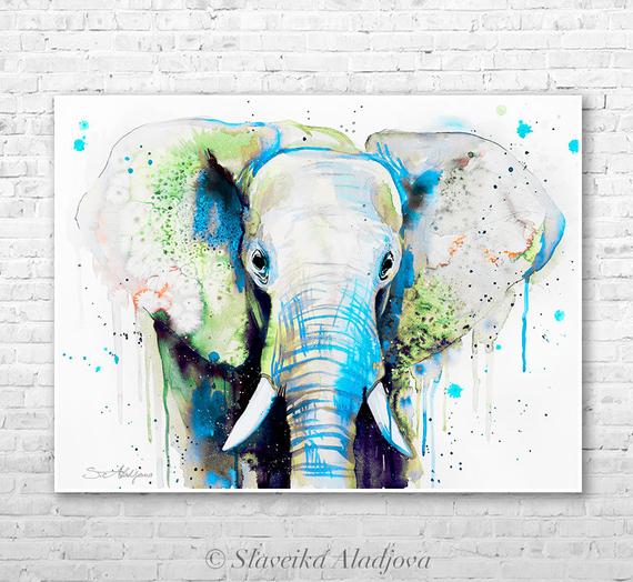 570x524 Green Elephant Head Watercolor Painting Print By Slaveika Etsy