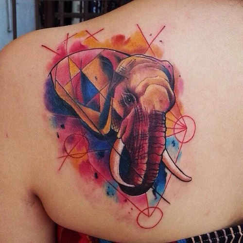 500x500 Watercolor Elephant Head Tattoo On Upperback