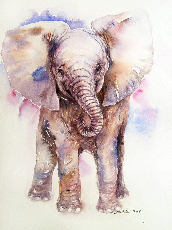 570x764 Baby Elephant Original Watercolor Painting Wall Art Handmade