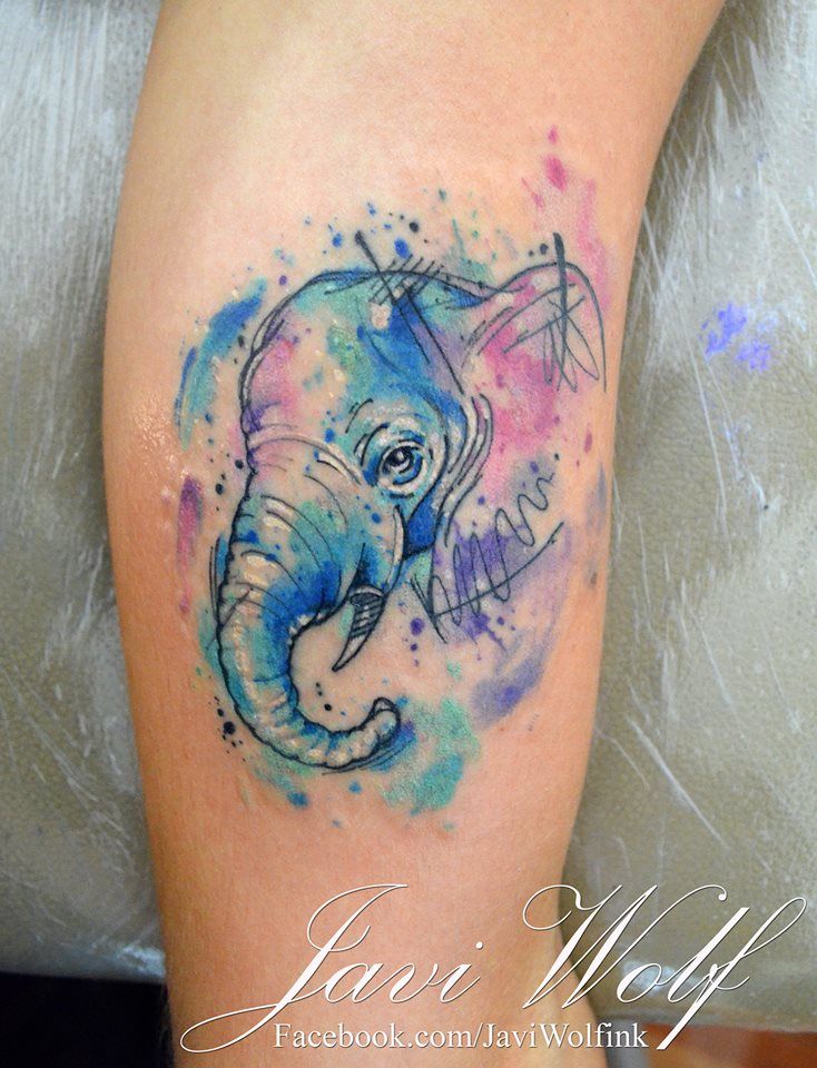 734x960 Watercolor + Sketch Elephant Tattoo. Tattooed By @javiwolfink Www