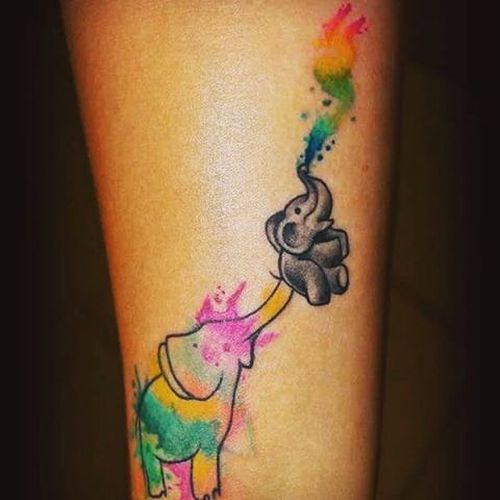 500x500 Watercolor Baby Elephants Tattoo On Lower Leg