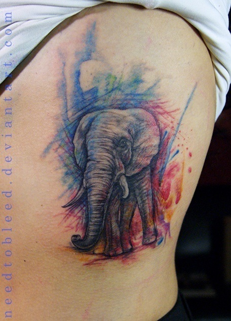 456x634 Watercolor Elephant Tattoo On Side Rib