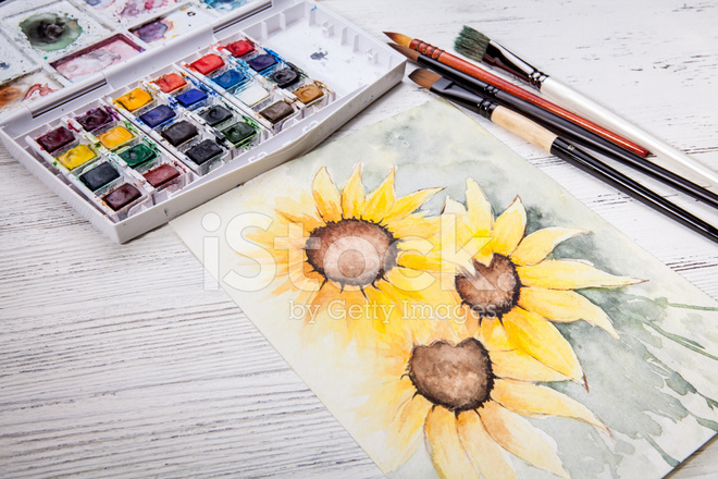 660x440 Watercolor Painting Sunflower Wit Stock Photos