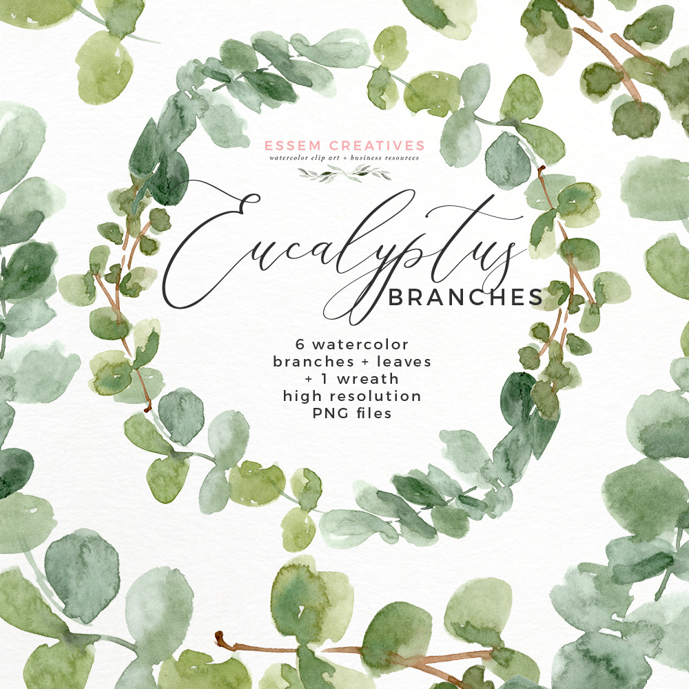 1000x1000 Watercolor Eucalyptus Wreath Branches Clipart Png Essem Creatives