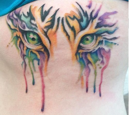 531x473 Colorful Watercolor Tiger Eyes Tattoo On Girl Back