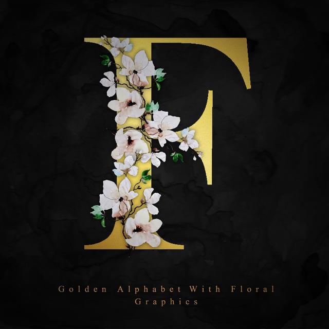 640x640 Golden Alphabet Letter F Watercolor Floral Background, Watercolor