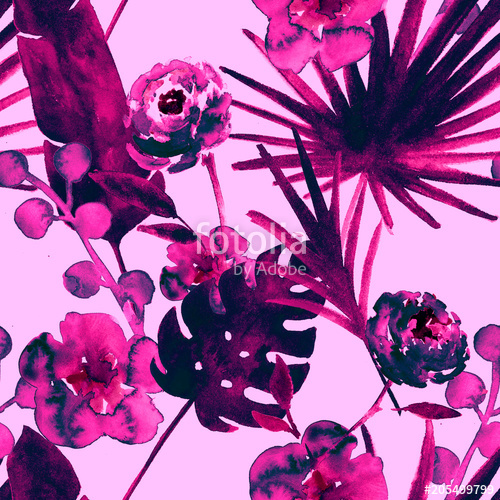 500x500 Tropical Watercolor Seamless Pattern Retro Banana, Fan Leaves