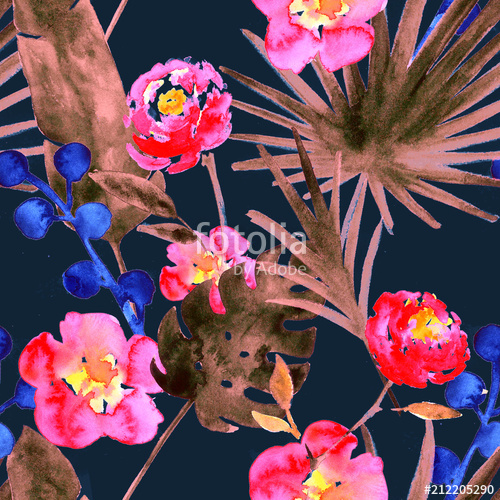 500x500 Banana Fan Leaves Roses Watercolor Seamless Floral Background