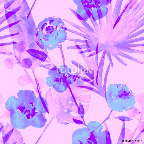 500x500 Tropical Watercolor Seamless Pattern Retro Banana, Fan Leaves