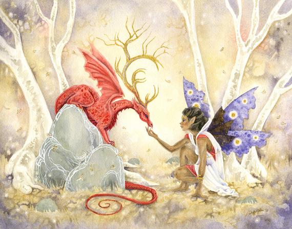 570x446 Fairy Art Watercolor Print Autumn Taming Fantasy. Dragon. Etsy