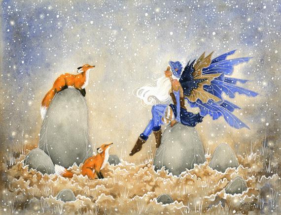 570x437 Fairy Art Watercolor Print First Snow Fantasy Art. Fox. Etsy