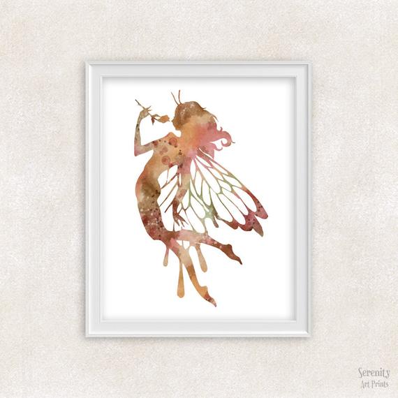 570x570 Fairy Art Print Watercolor Painting In Brown Pink Green Etsy