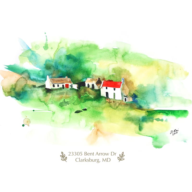 800x800 Watercolor Family Home Portrait, Digital Art Print Farbami