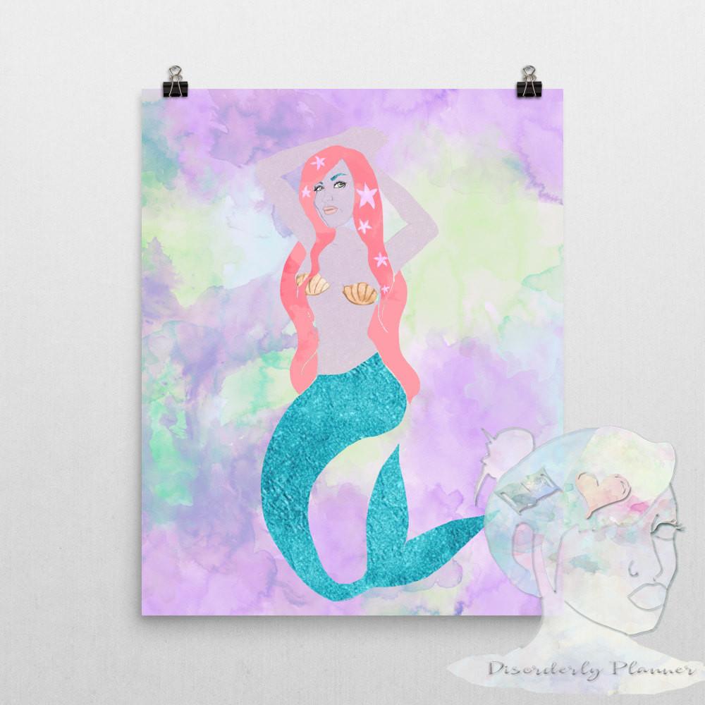 1000x1000 Custom Poster Mermaid Portrait, Watercolor, Painting, Drawing