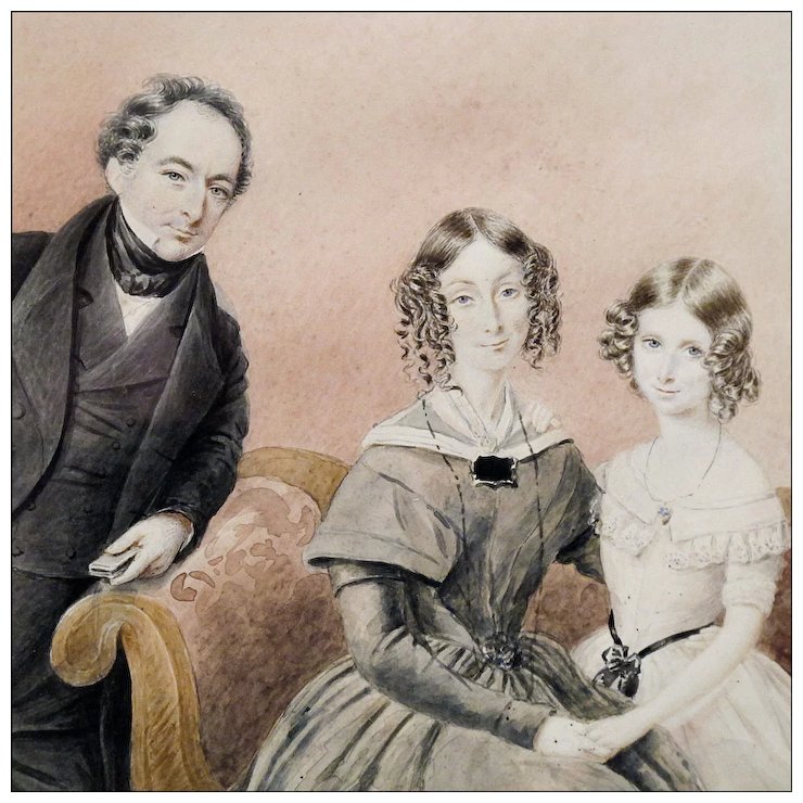 740x740 Mid 19th C Watercolor Family Portrait On Paper The First