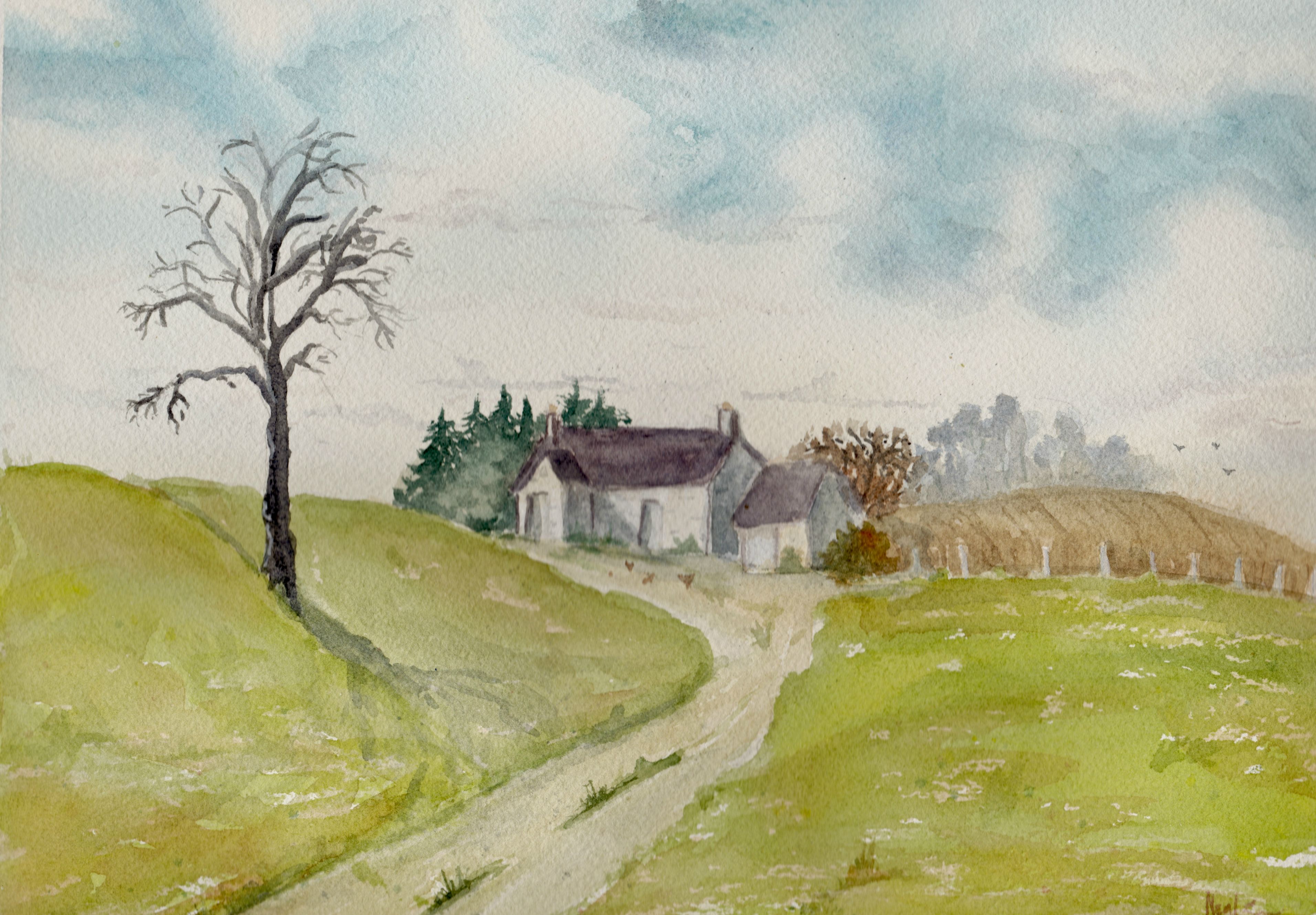 3824x2661 Farm Scene Watercolor Painting