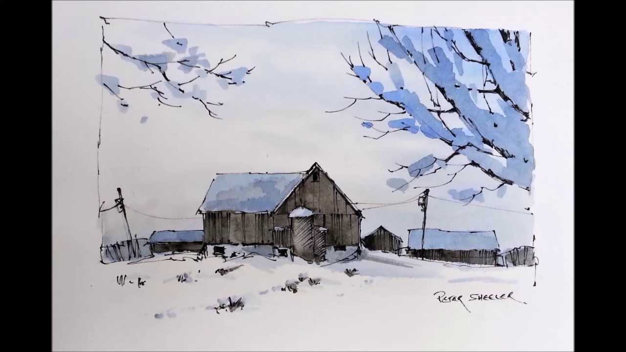 1280x720 Line And Wash Winter Farm Watercolor With Just Two Colors. Great