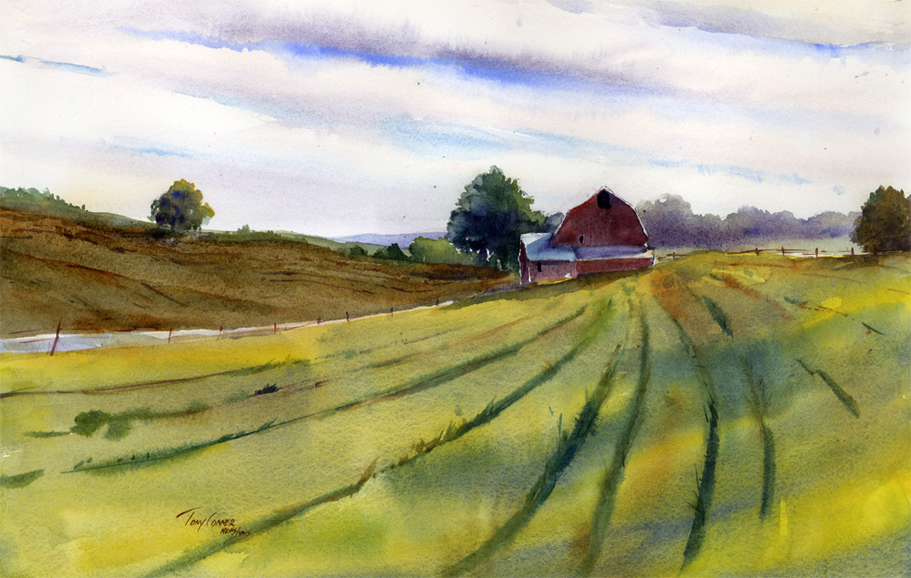 1000x635 Open Fields Original Watercolor Landscape Painting Vermont