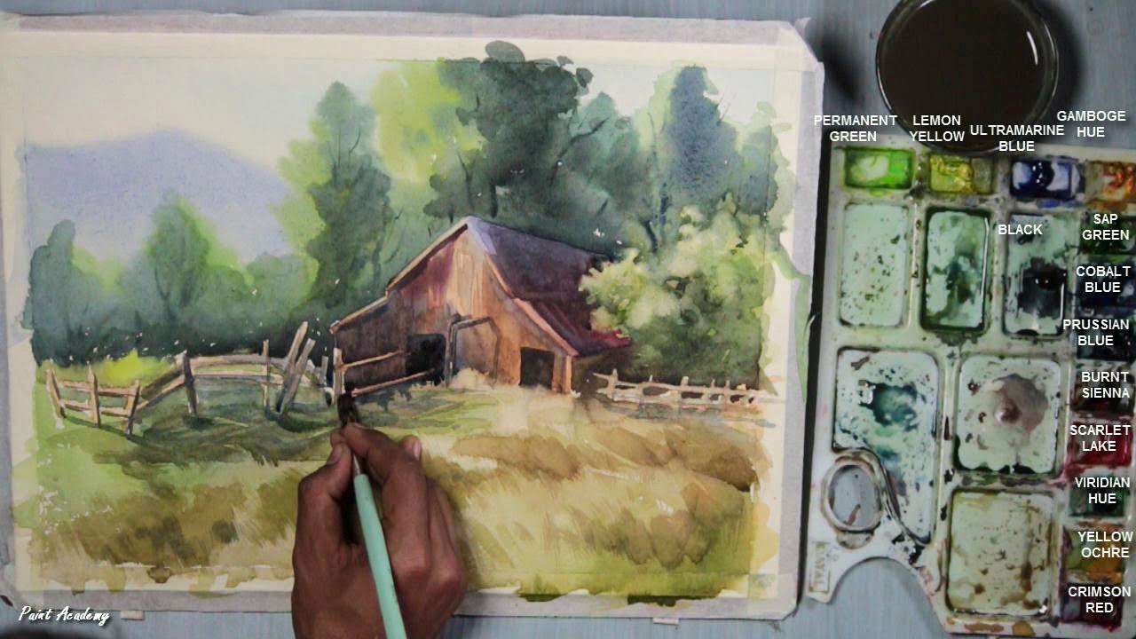 1280x720 Watercolor Farm House Landscape Painting Step By Step