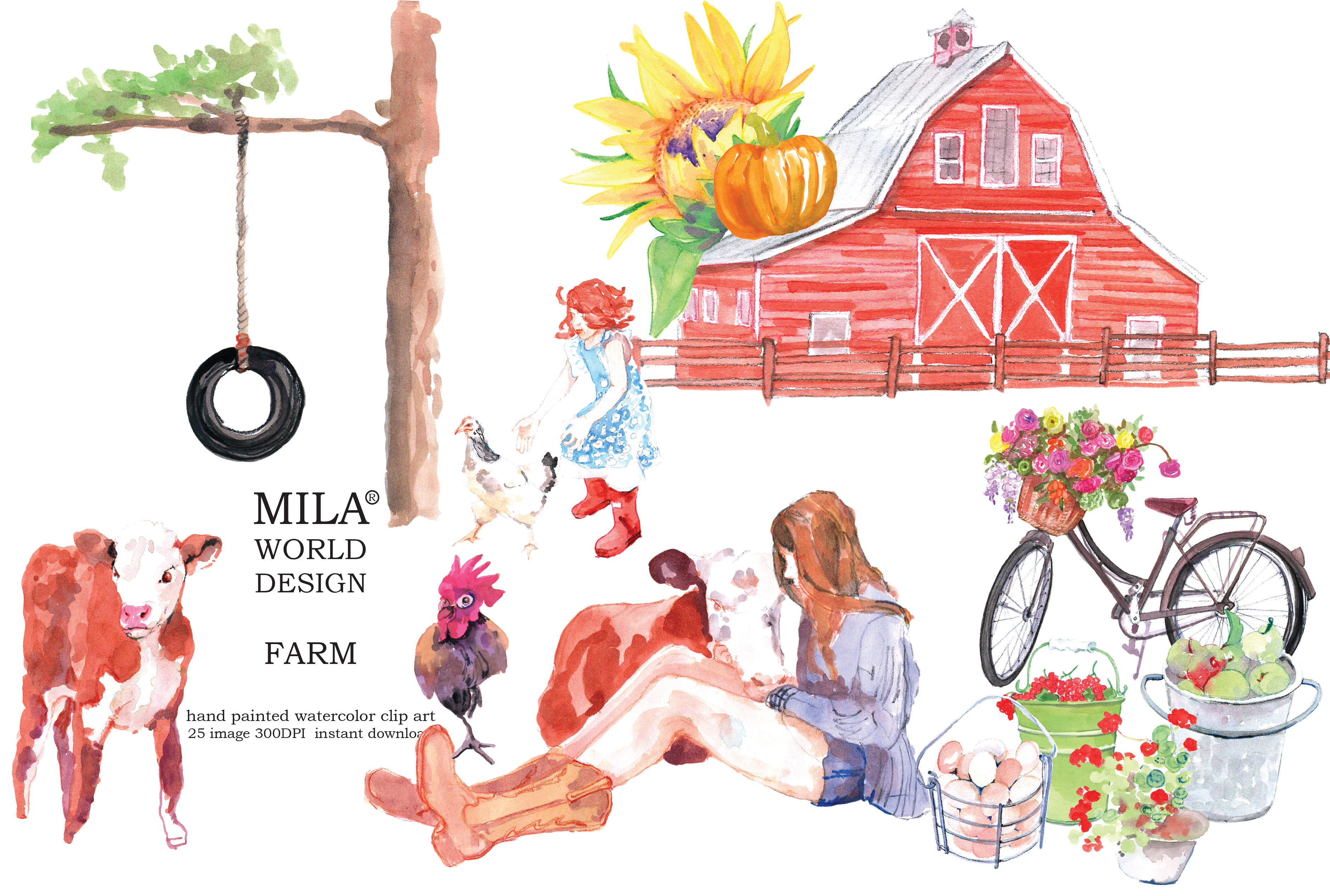 3754x2529 Watercolor Farm Clipart