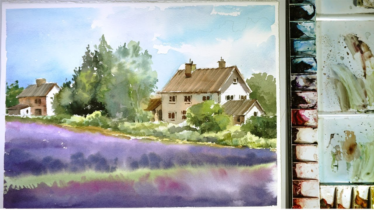 1280x720 Watercolor Landscape Painting Lavender Farm