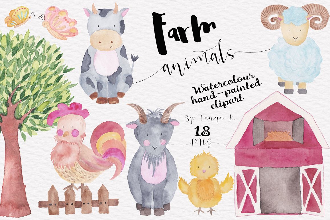 1158x772 Farm Animals Watercolor Collection