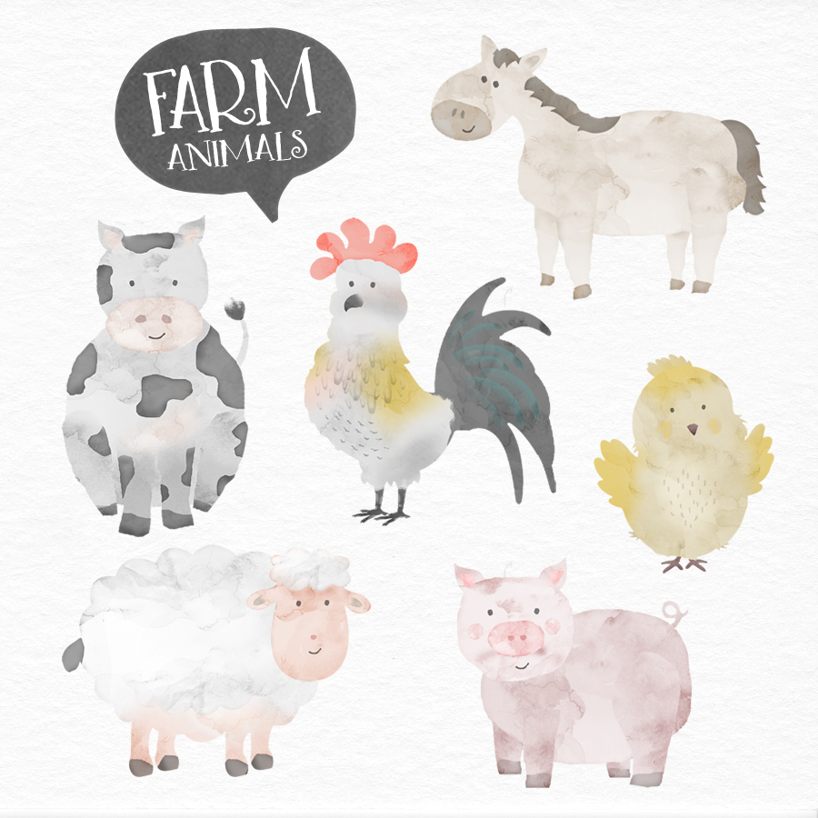 900x900 Farm Animals Watercolor Design Elements