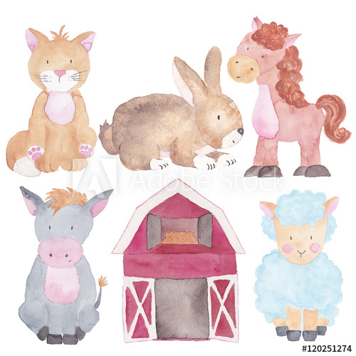 500x500 Farm Animals Watercolor Hand Painted Illustrations Set Isolated On