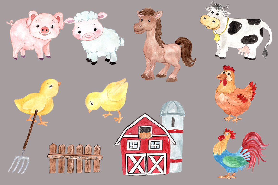 1160x772 Watercolor Farm Animals Clipart By Viv On Paintings For Sale Farm
