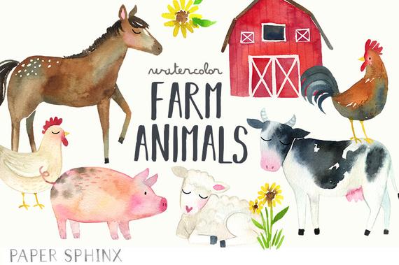 570x379 Watercolor Farm Animals Clipart Farm Clip Art Cow Horse Etsy