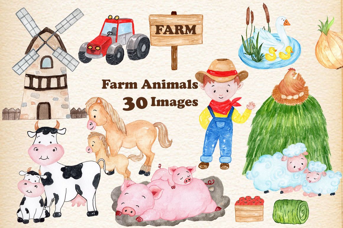 1162x774 Watercolor Farm Animals Clipart