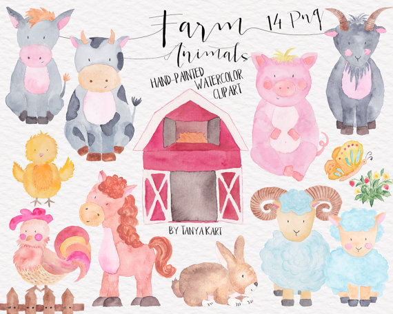 570x456 Farm Animals Clipart, Watercolor Hand Painted Clipart, Farm