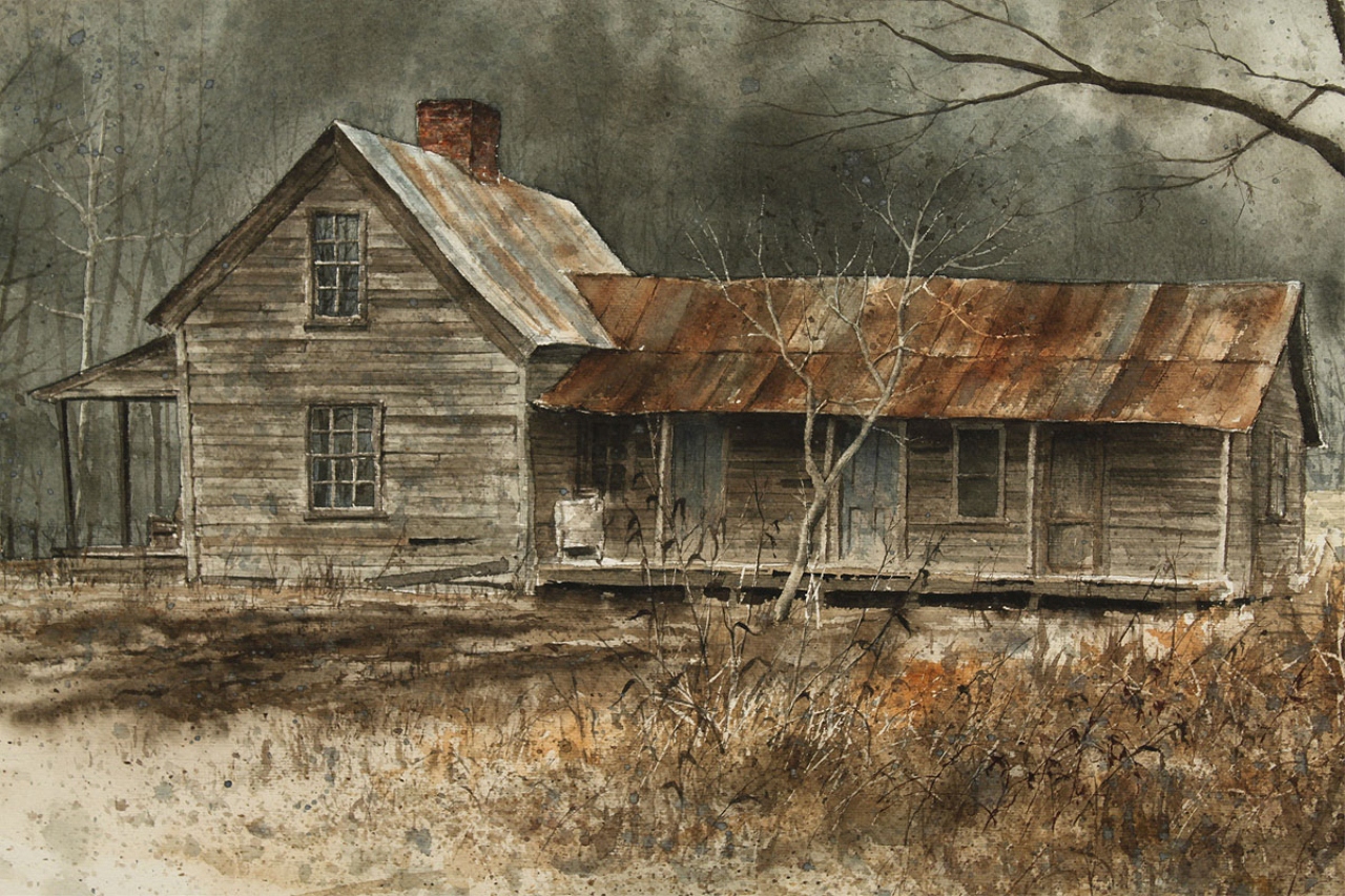 1280x853 Lot 485 Jim Gray Watercolor, Rural Farmhouse In Winter