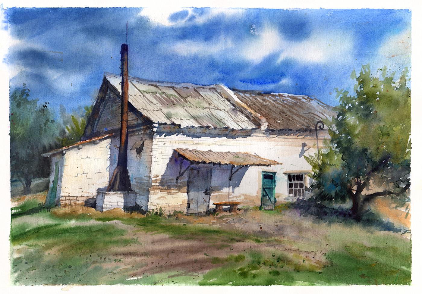 1400x976 Watercolor Painting Artwork. Country House On The Field By