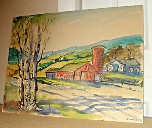 300x252 Watercolor Signed Farmhouse Grain Silo Painting Key E Wenrick 20th