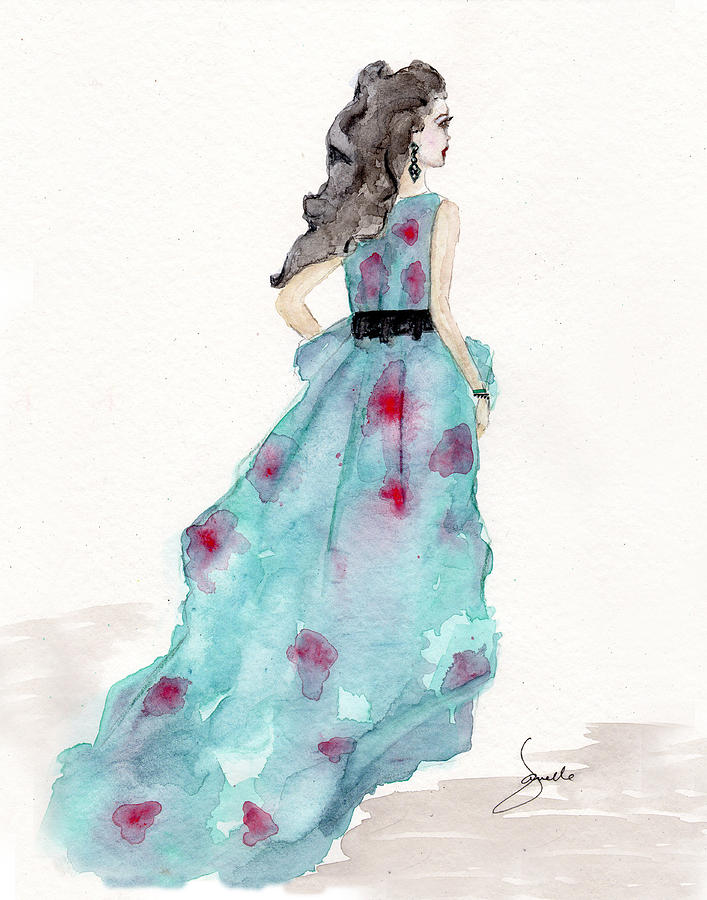 707x900 Cerulean Blue Fashion Sketch Dress Mixed Media By Janelle Nichol