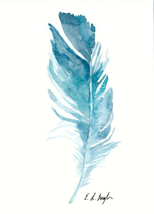 500x694 Original Watercolor Feather Painting, 5x7, Blue, Teal, Bird