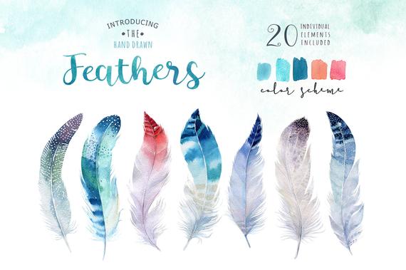 570x379 Watercolor Feathers Bohemian. Clipart Tribe Collection. Etsy
