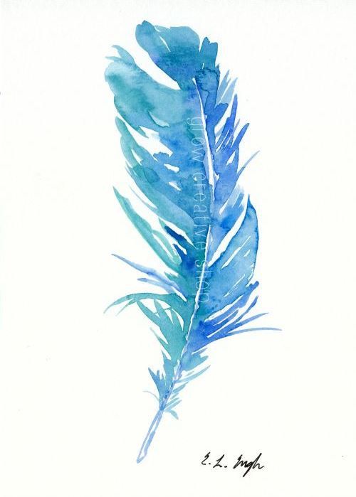 500x699 Blue Teal Bird Feather, Original Watercolor Painting, 5x7, Blue