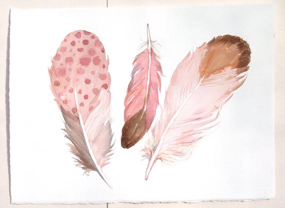 570x417 Pale Pink Feathers Painting. Watercolor Paintings Original. Etsy