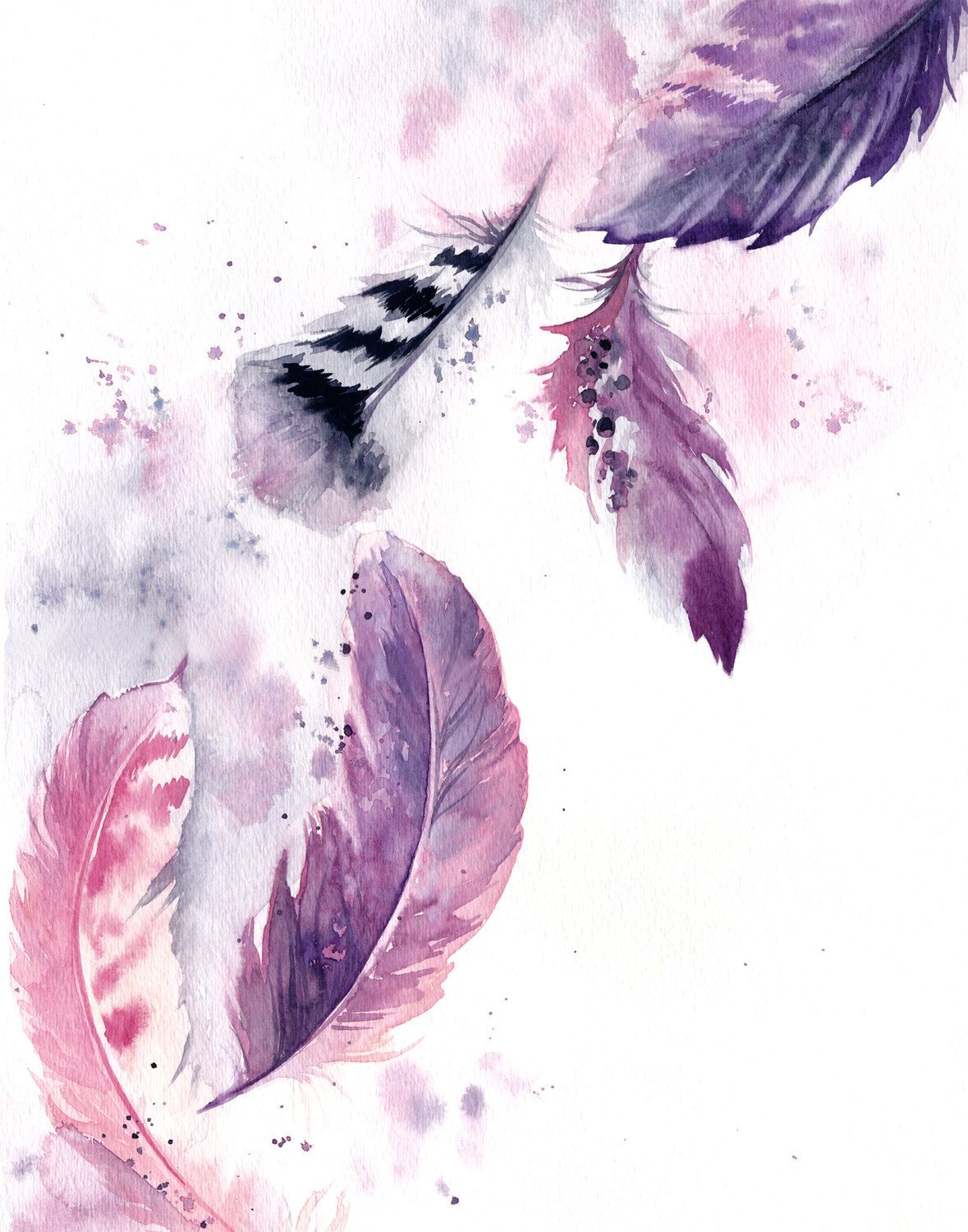 1179x1500 Purple Feathers Original Watercolor Painting, Painting Of Feathers