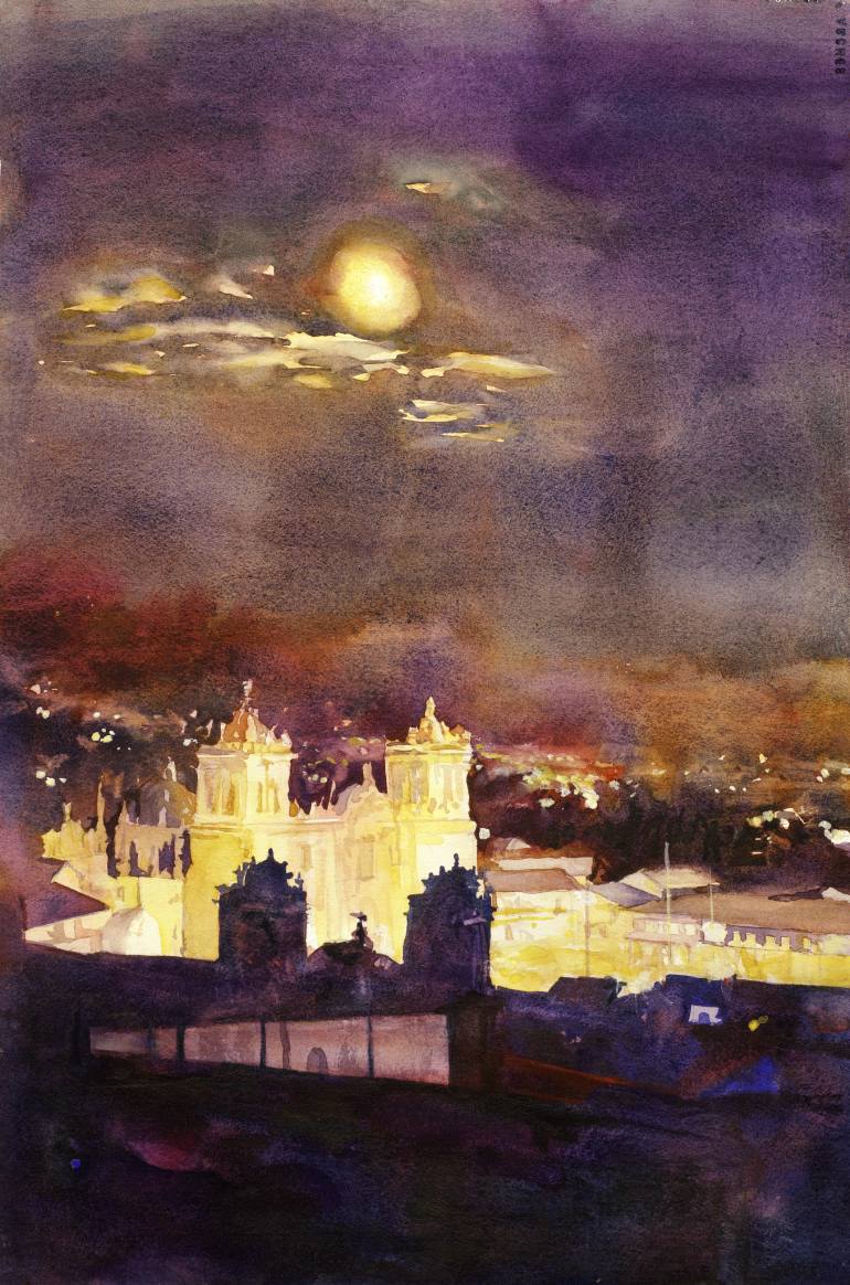770x1164 Fine Art Watercolor Painting Of Cathedral On The Plaza De Armas