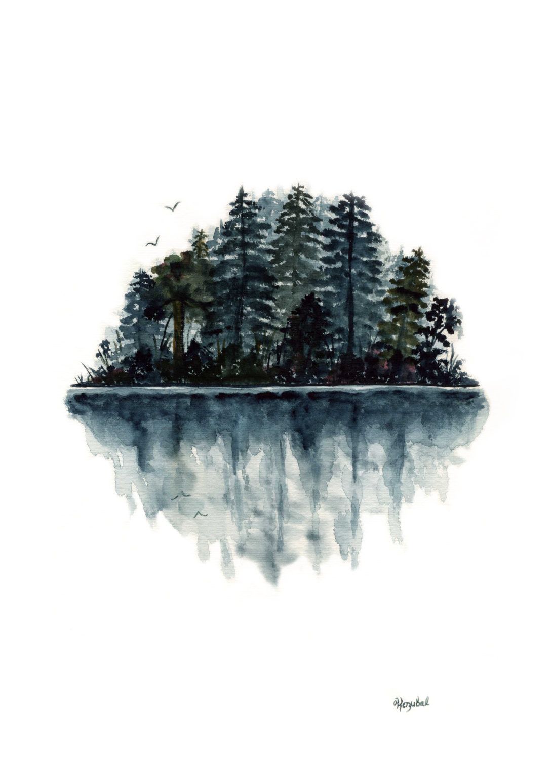 1090x1500 Original Watercolor Painting Forest Lake Reflection Birds