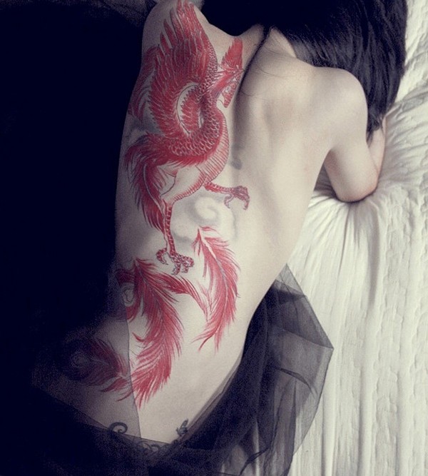 600x667 Wonderful Fire Phoenix Watercolor Tattoo Design On Full Back For